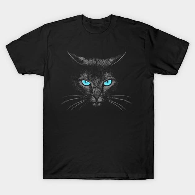 Black cat face evil blue eyes T-Shirt by meownarchy